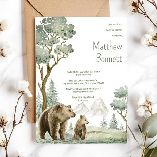 Mother and baby bear watercolor forest invitation 