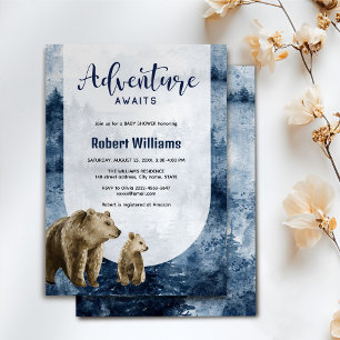 Mother and baby bear watercolor forest invitation 
