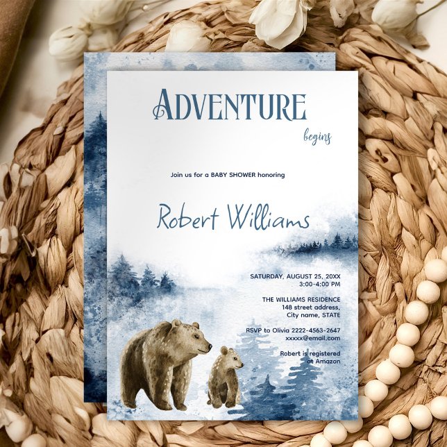 Mother and baby bear watercolor forest invitation  (Adventure awaits watercolor foggy blue forest with bear baby shower invitation )