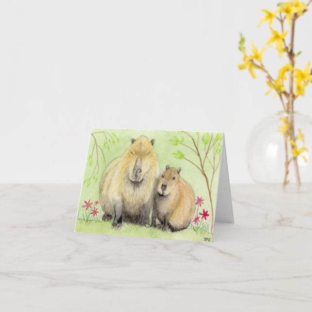 Mother and Baby Capybara Card (Yellow Flower)