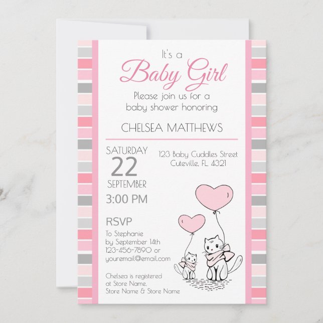 Mother and Baby Cat with Hearts Invitation (Front)