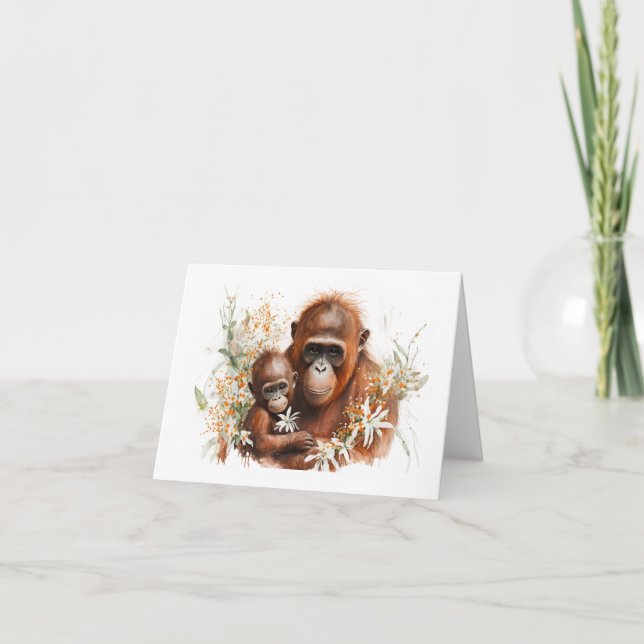 Mother and baby Chimp with flowers greeting card (Front)