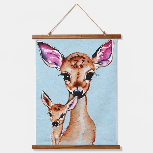 Mother And Baby Deer Watercolor Love Family Hanging Tapestry (Front)