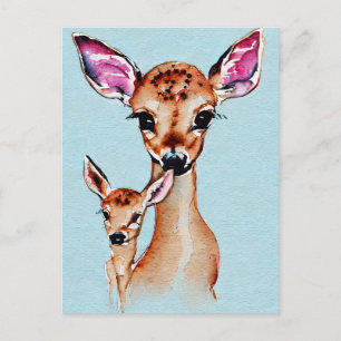 Mother And Baby Deer Watercolor Love Family Postcard