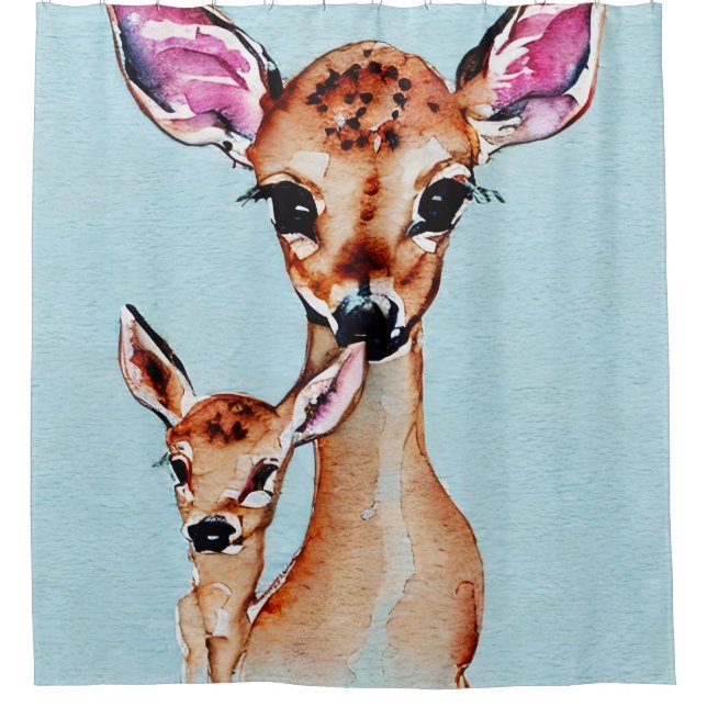 Mother And Baby Deer Watercolor Love Family Shower Curtain (Front)