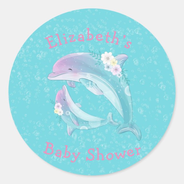 Mother and Baby Dolphin Girl Baby Shower Monogram  Classic Round Sticker (Front)