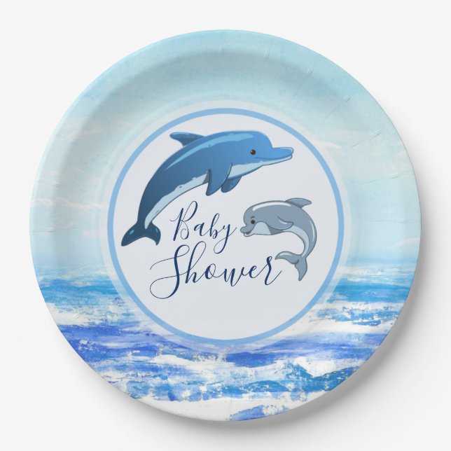 Mother and Baby Dolphin Ocean Baby Shower Paper Plate (Front)