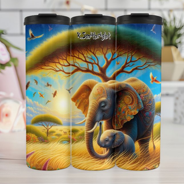 Mother and Baby Elephant in African Savanna Thermal Tumbler (Creator Uploaded)