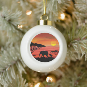 Mother and Baby Elephant in the Serengeti Ceramic Ball Christmas Ornament