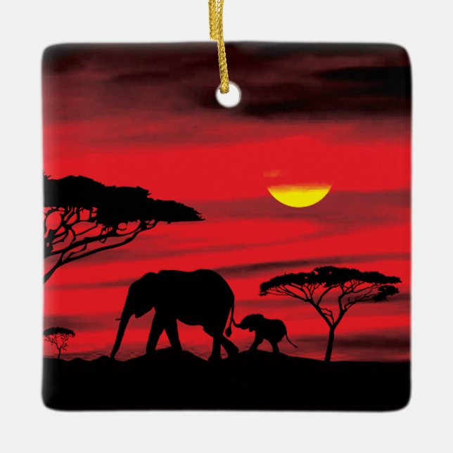 Mother and Baby Elephant in the Serengeti Ceramic Ornament (Front)