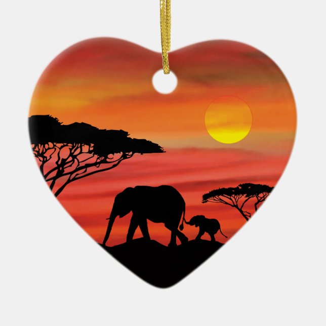 Mother and Baby Elephant in the Serengeti Ceramic Tree Decoration (Front)