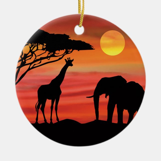Mother and Baby Elephant in the Serengeti Ceramic Tree Decoration (Front)
