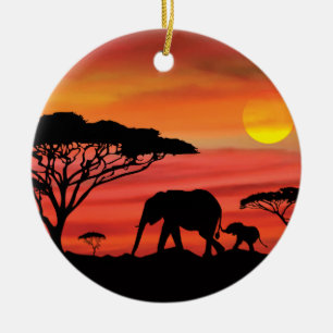 Mother and Baby Elephant in the Serengeti Ceramic Tree Decoration