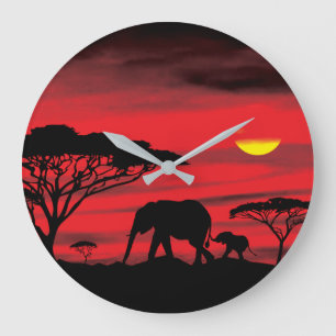 Mother and Baby Elephant in the Serengeti Large Clock