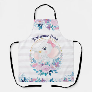 Mother and Baby Elephant Pink Blush Flower Wreath Apron