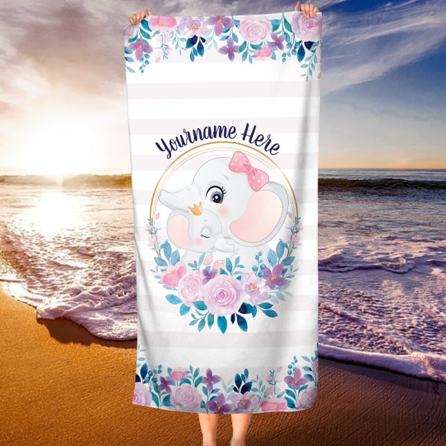 Mother and Baby Elephant Pink Blush Flower Wreath Beach Towel (Creator Uploaded)