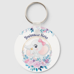 Mother and Baby Elephant Pink Blush Flower Wreath Key Ring
