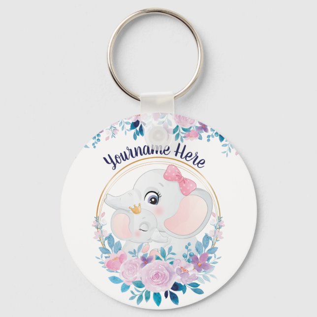 Mother and Baby Elephant Pink Blush Flower Wreath Key Ring (Front)