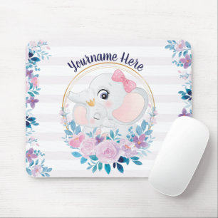 Mother and Baby Elephant Pink Blush Flower Wreath Mouse Mat