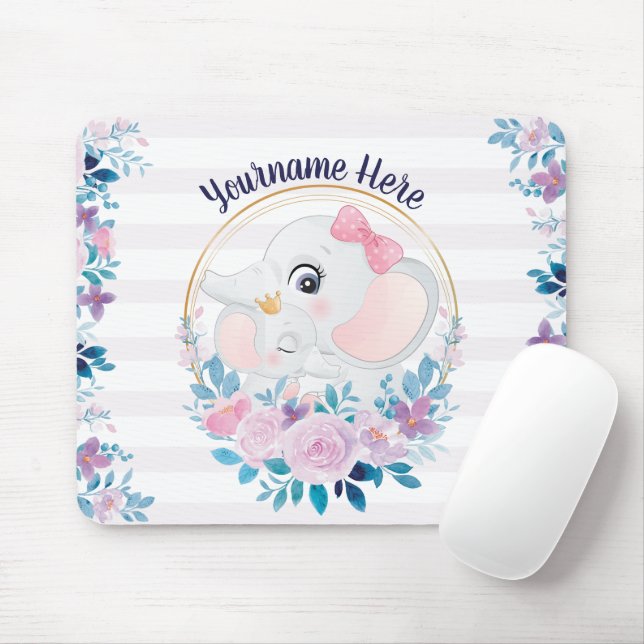 Mother and Baby Elephant Pink Blush Flower Wreath Mouse Mat (With Mouse)