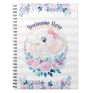 Mother and Baby Elephant Pink Blush Flower Wreath Notebook
