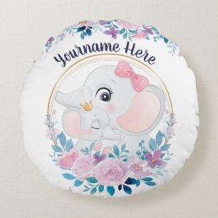 Mother and Baby Elephant Pink Blush Flower Wreath Round Cushion