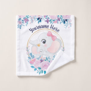 Mother and Baby Elephant Pink Blush Flower Wreath Wash Cloth