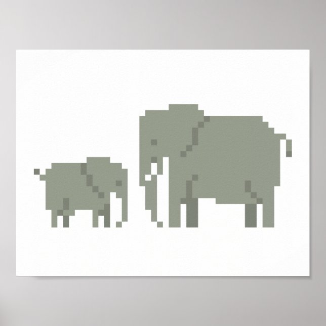 Mother And Baby Elephant Pixel Art Poster (Front)