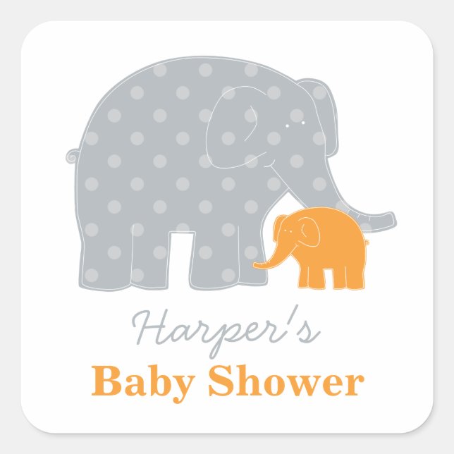 Mother and Baby Elephant Shower Orange and Grey Square Sticker (Front)