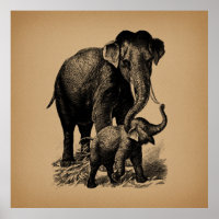 Mother and Baby Elephant Vintage Art