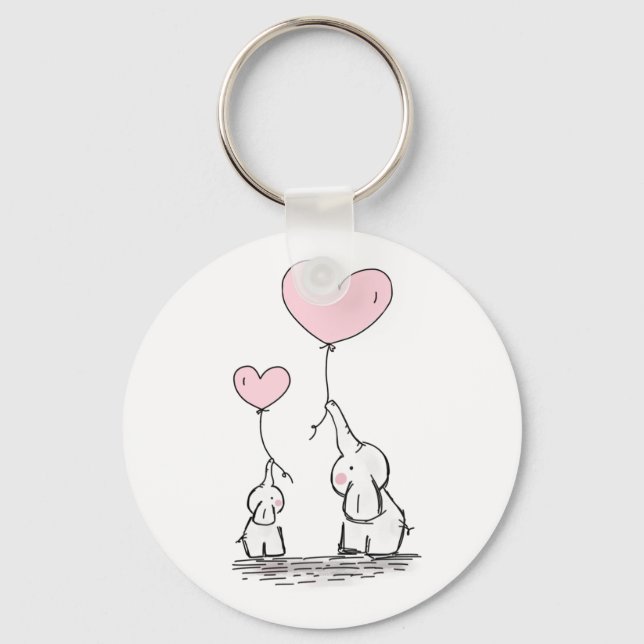 Mother and Baby Elephant with Balloons Key Ring (Front)