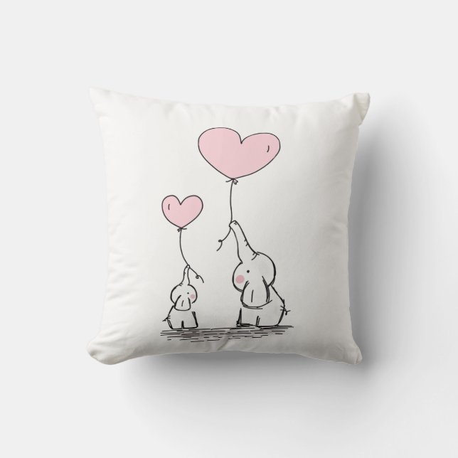 Mother and Baby Elephant with Heart Balloons Cushion (Front)