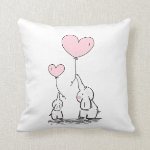 Mother and Baby Elephant with Heart Balloons Cushion