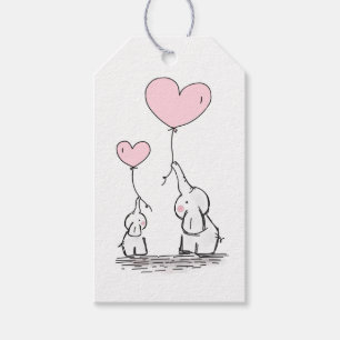 Mother and Baby Elephant with Heart Balloons Gift Tags