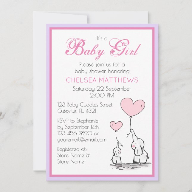 Mother and Baby Elephant with Heart Balloons Girl Invitation (Front)