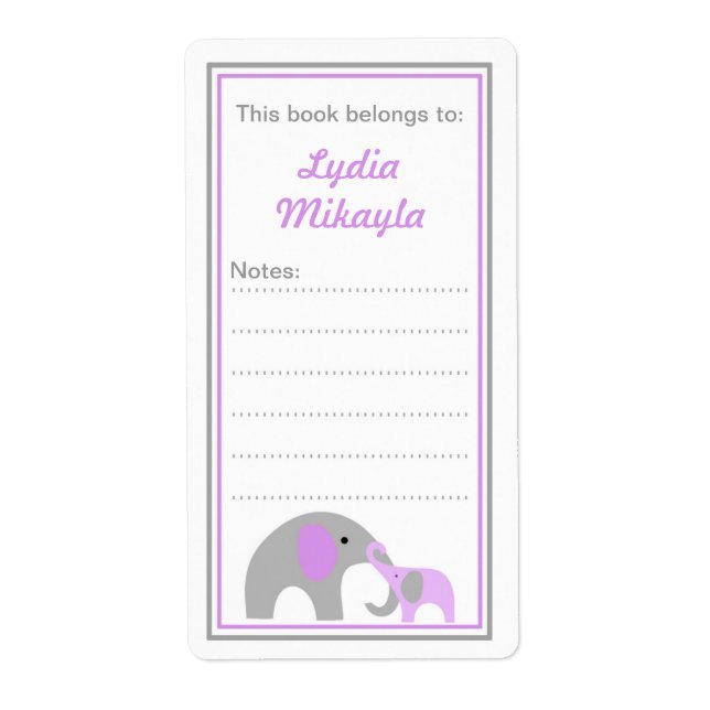 Mother and Baby Elephants Bookplate book labels (Front)