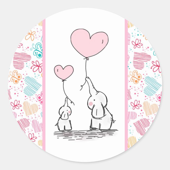 Mother and Baby Elephants with Colourful Hearts Classic Round Sticker (Front)