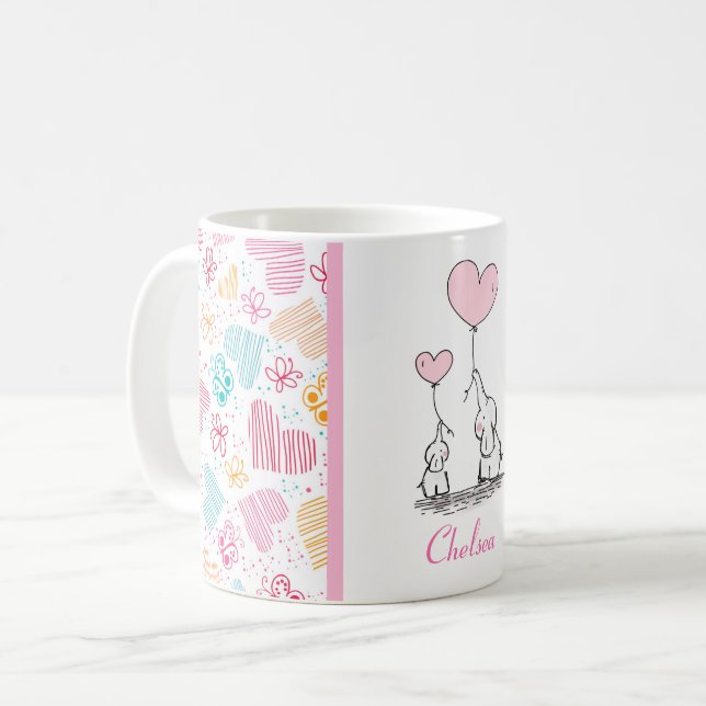 Mother and Baby Elephants with Colourful Hearts Coffee Mug (Front Left)