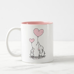 Mother and Baby Elephants with Heart Balloons Two-Tone Coffee Mug