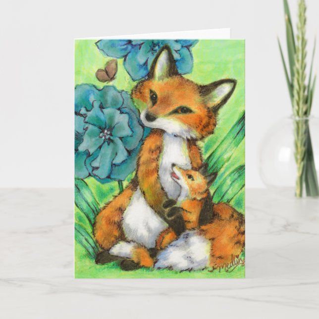 Mother and Baby Fox cute animal Greeting Card (Front)