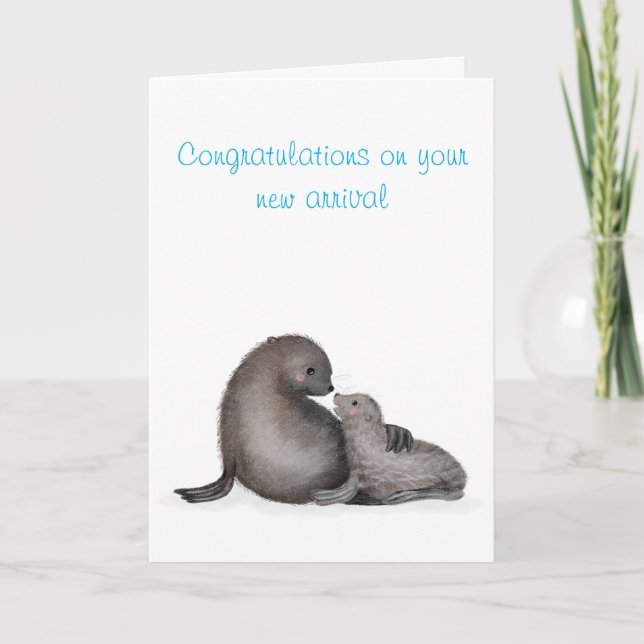 Mother and baby fur seal new baby card (blue) (Front)