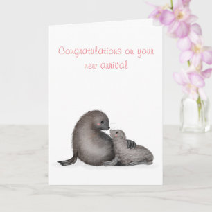 Mother and baby fur seal new baby card (pink)