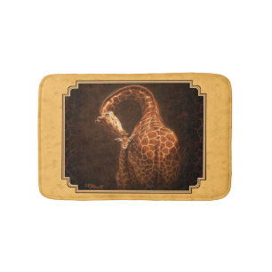Mother and Baby Giraffe Gold Background Bath Mat