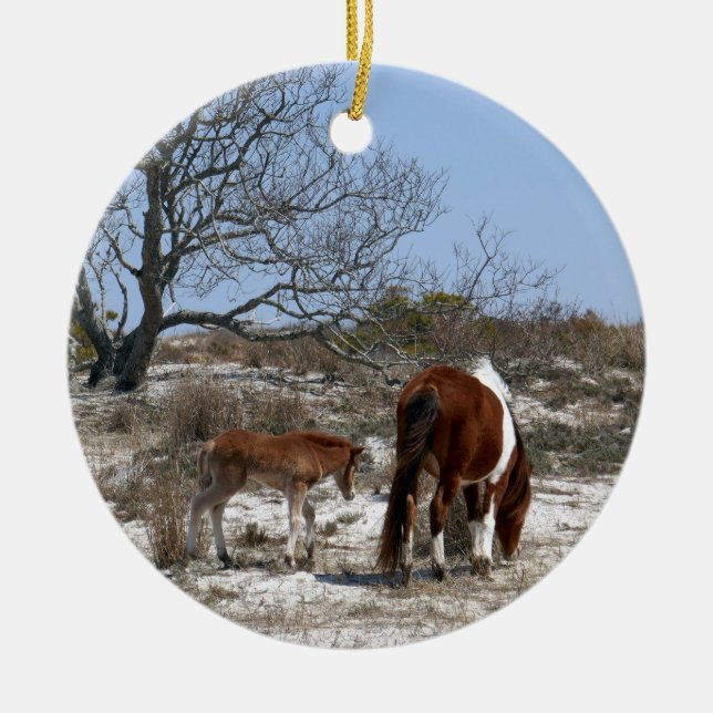 Mother and Baby Horse at Assateague Ceramic Tree Decoration (Front)