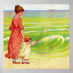 mother and baby on the beach poster