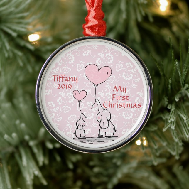 Mother And Baby Pink Elephant- My First Christmas Metal Tree Decoration (Tree)