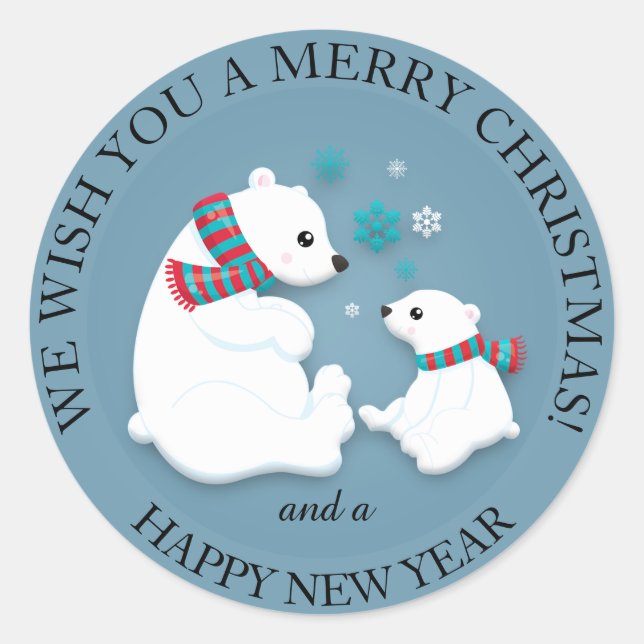 Mother and Baby Polar Bear Merry Christmas Classic Round Sticker (Front)