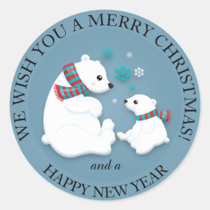 Mother and Baby Polar Bear Merry Christmas Classic Round Sticker
