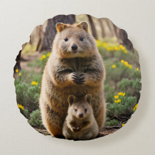 Mother And Baby Quokka, Round Cushion