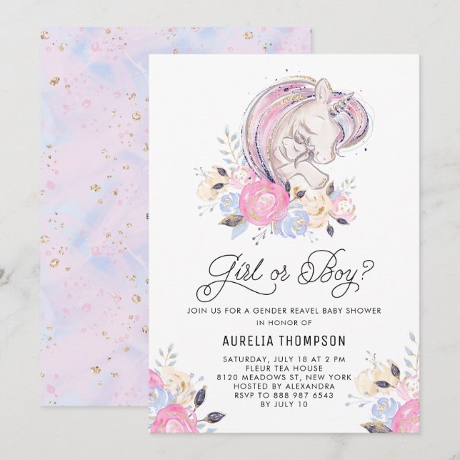 Mother and Baby Unicorn Gender Reveal Baby Shower Invitation (Front/Back)